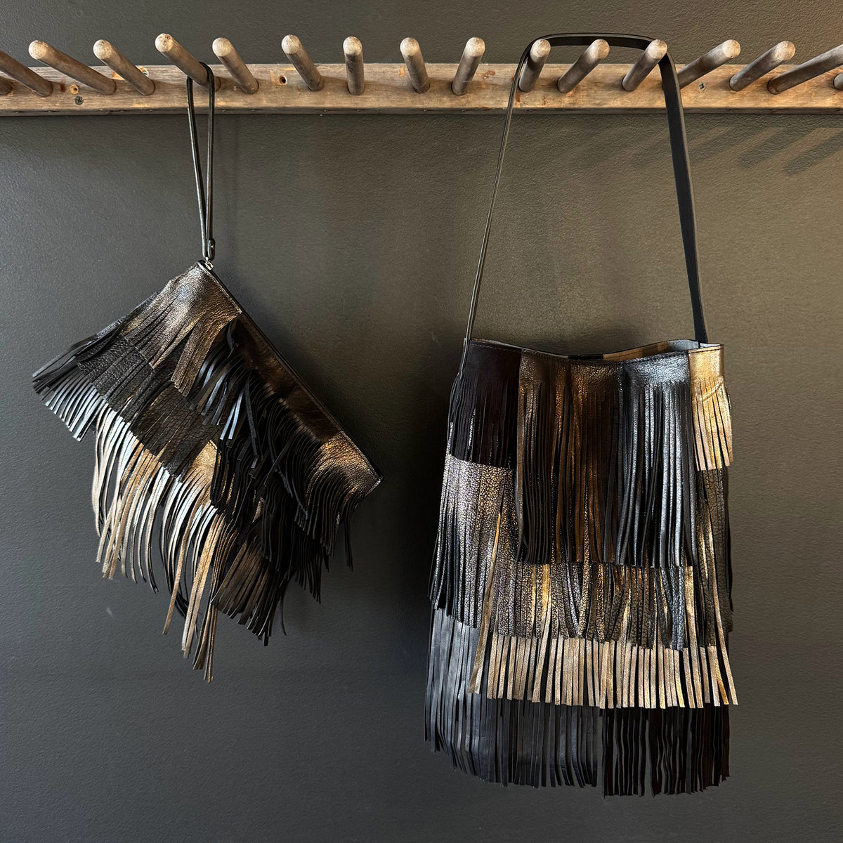 TRAVEL POUCH BLACK AND METALLIC W/ WRISTLET AND FRINGE