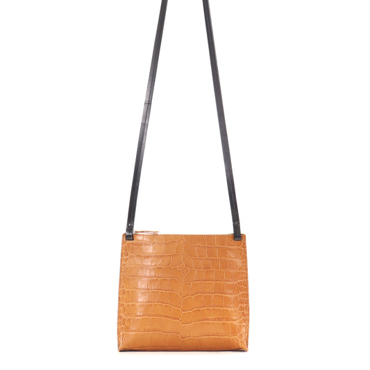 LARGE STRAPPY POUCH CARAMEL EMBOSSED GATOR