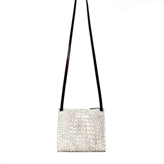 LARGE STRAPPY POUCH WHITE MIST EMBOSSED CROC