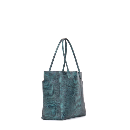 SLOUCHY POCKET TOTE INDIGO EMBOSSED LIZARD