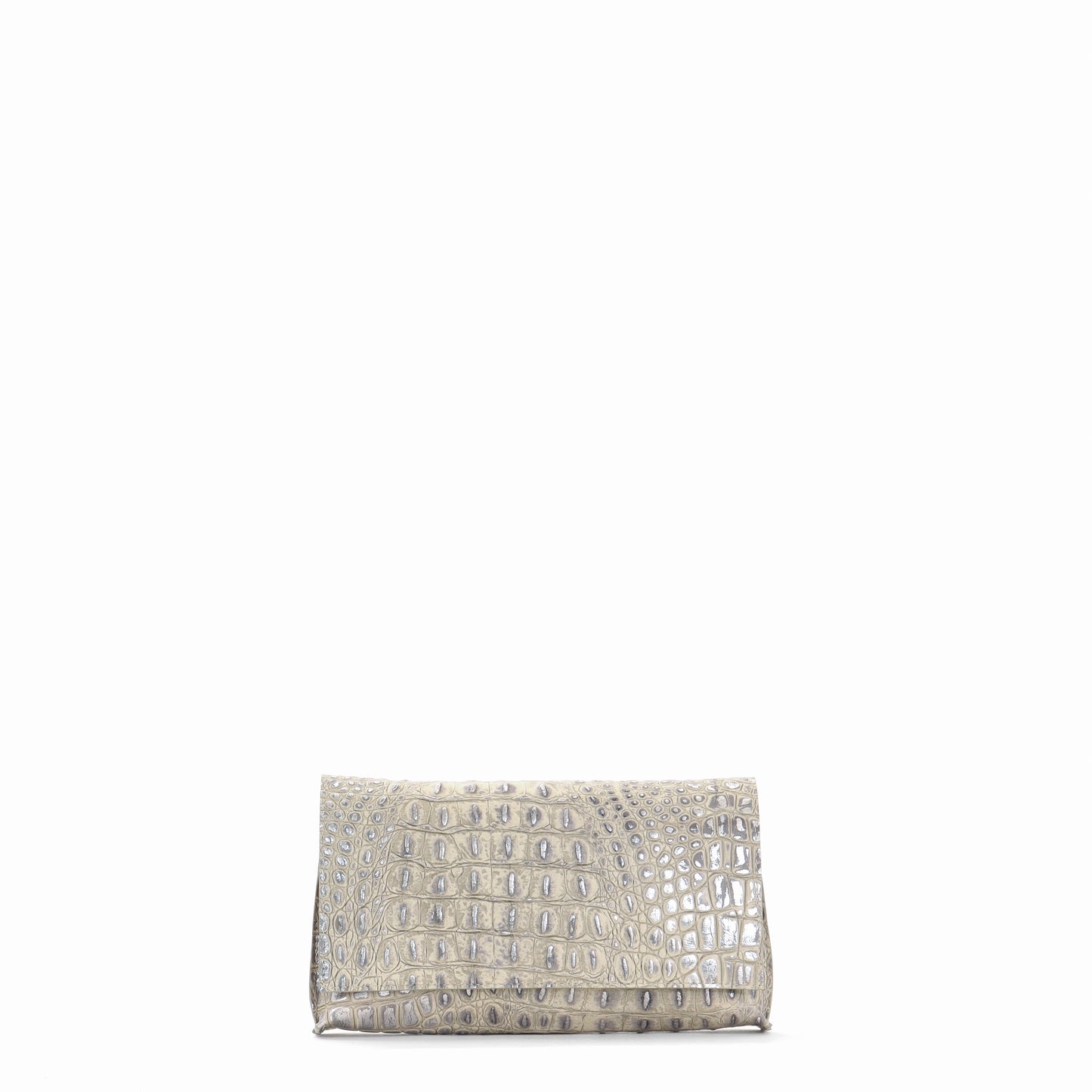 FOLDOVER CLUTCH PLATINUM STONE EMBOSSED CROC