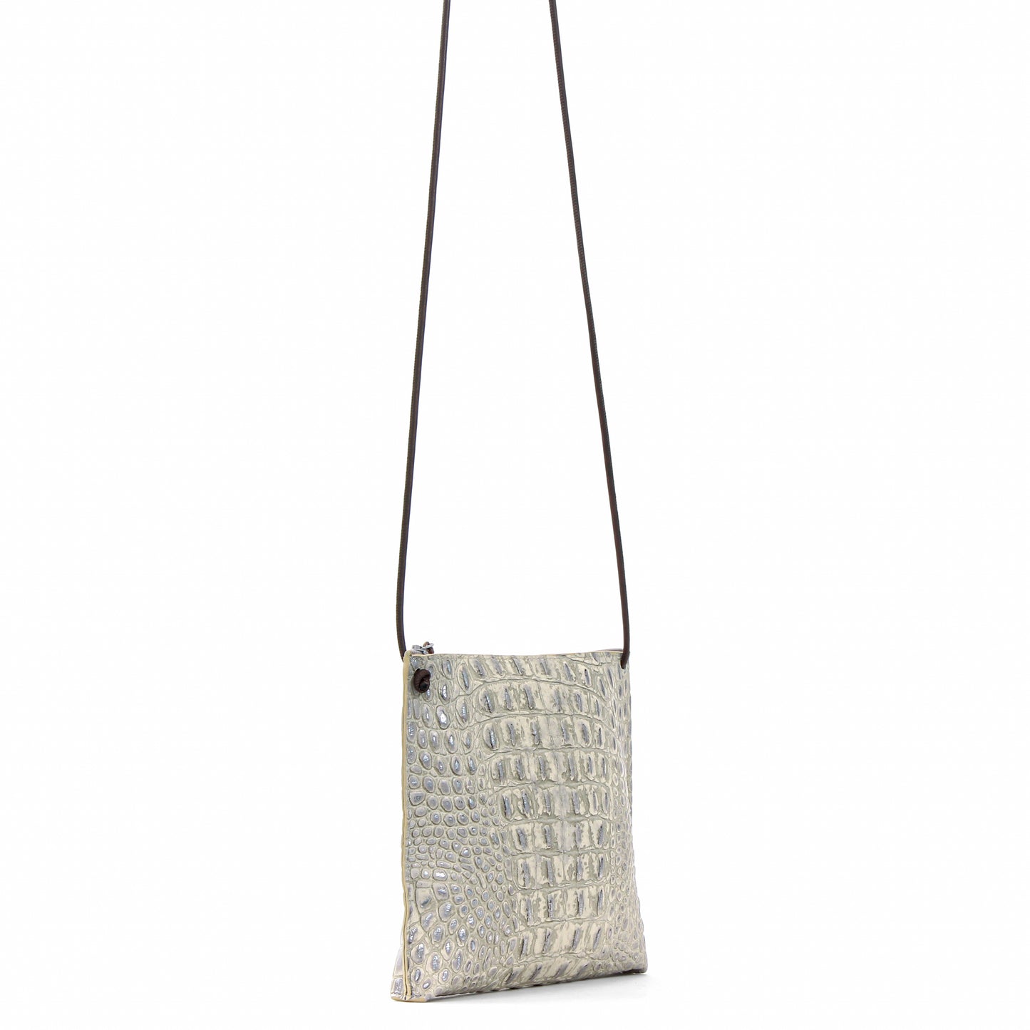 STRAPPY POUCH PLATINUM STONE EMBOSSED CROC