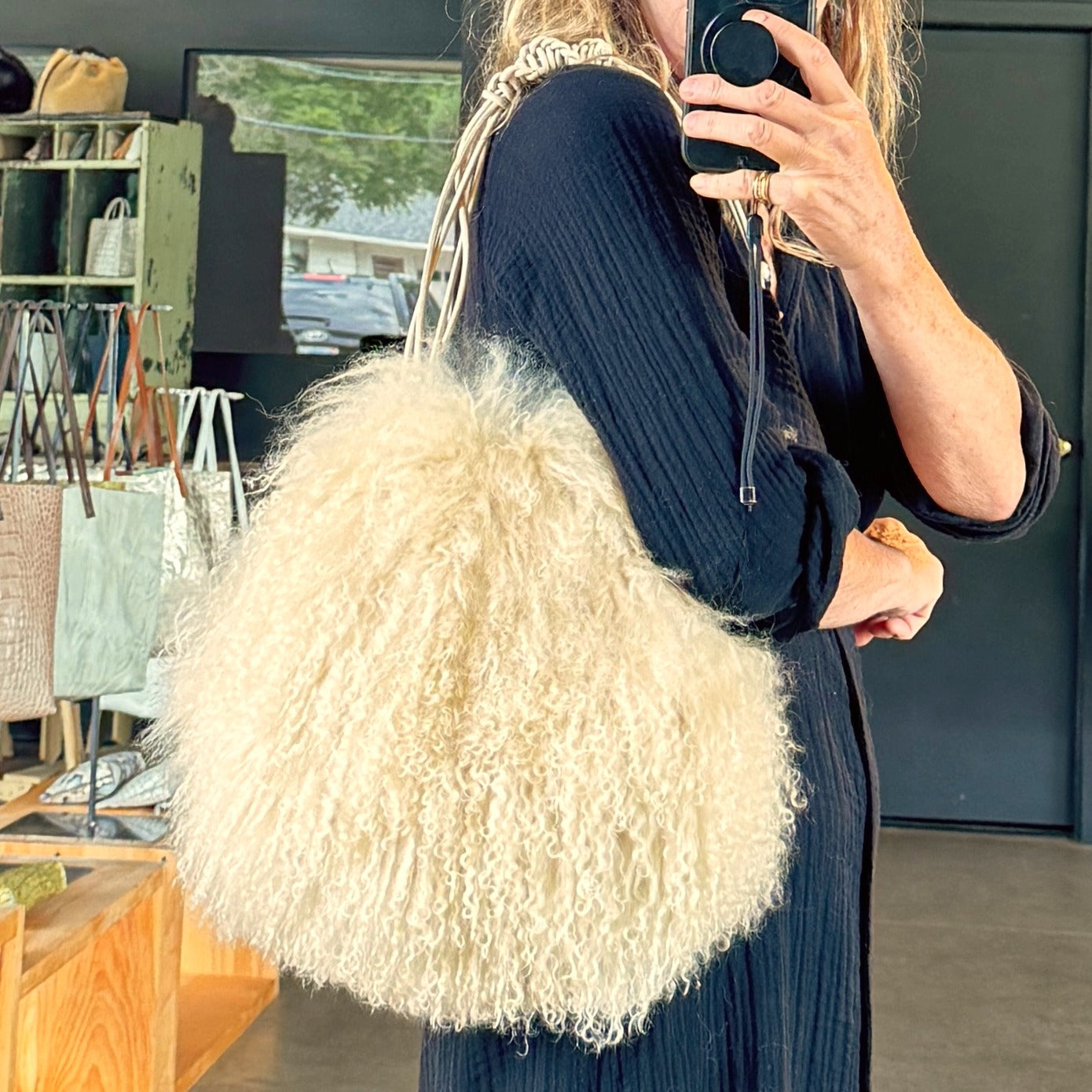 MEDIUM DRAWSTRING BEIGE MONGOLIAN SHEEPSKIN