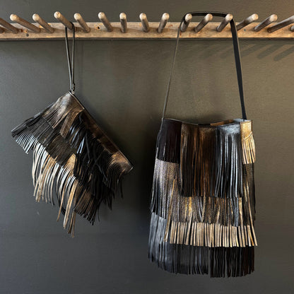 TRAVEL POUCH BLACK AND METALLIC W/ WRISTLET AND FRINGE