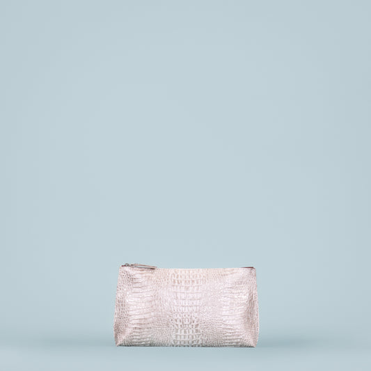 ESSENTIAL POUCH WHITE SILVER METALLIC EMBOSSED MINI CROC