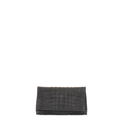 FOLDOVER CLUTCH MATTE BLACK EMBOSSED CROC