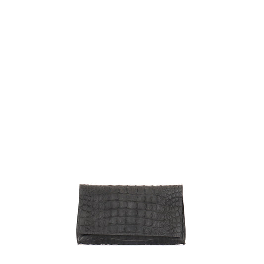 FOLDOVER CLUTCH MATTE BLACK EMBOSSED CROC