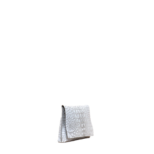 FOLDOVER CLUTCH WHITE MIST EMBOSSED CROC