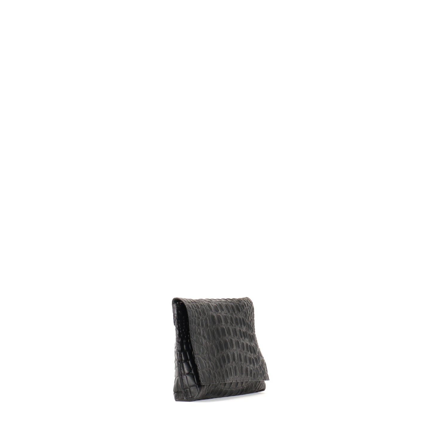 FOLDOVER CLUTCH MATTE BLACK EMBOSSED CROC