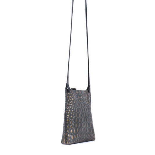 LARGE STRAPPY POUCH MOSSY BRONZE EMBOSSED CROC