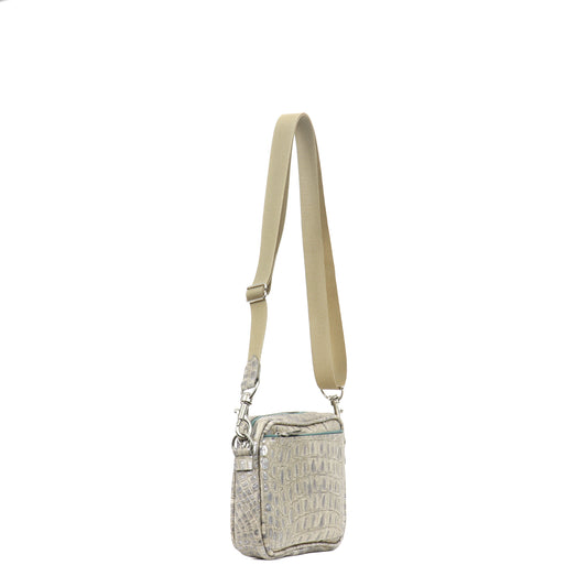 MINI CAMERA BAG PLATINUM STONE EMBOSSED CROC