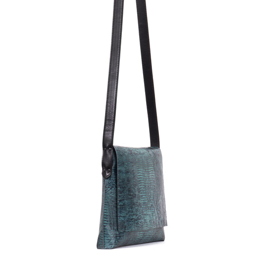 MINI MESSENGER INDIGO EMBOSSED LIZARD