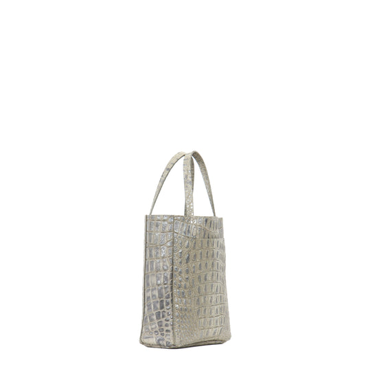 SMALL FRONT POCKET TOTE PLATINUM STONE EMBOSSED CROC