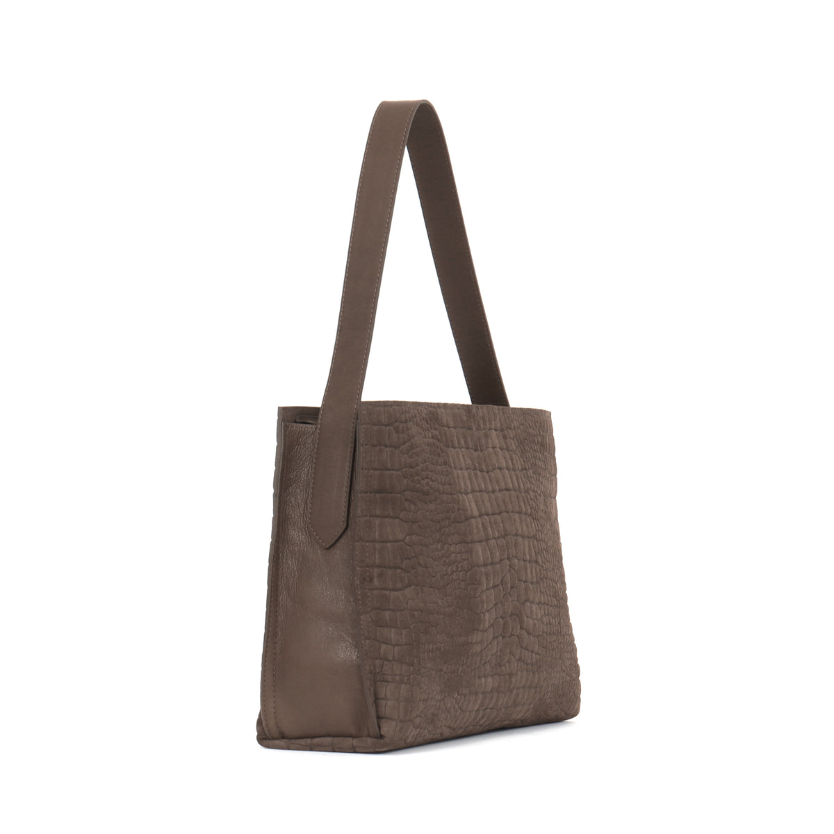 ZIP SHOULDER BAG DARK TAUPE SUEDED CROCO