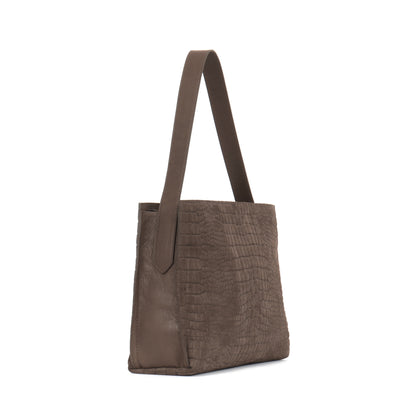 ZIP SHOULDER BAG DARK TAUPE SUEDED CROCO