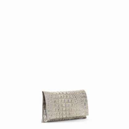 FOLDOVER CLUTCH PLATINUM STONE EMBOSSED CROC