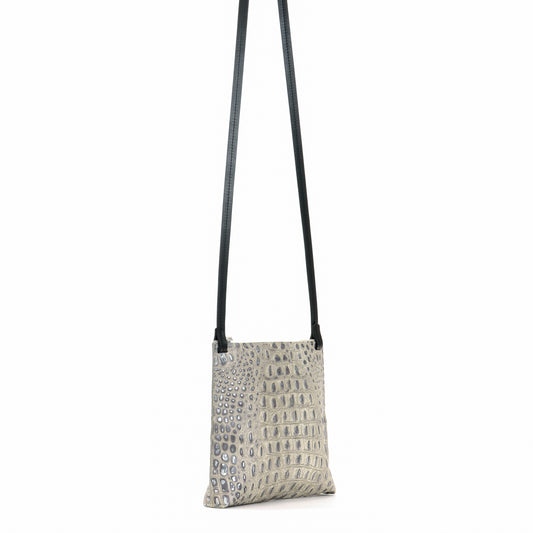 LARGE STRAPPY POUCH PLATINUM STONE EMBOSSED CROC