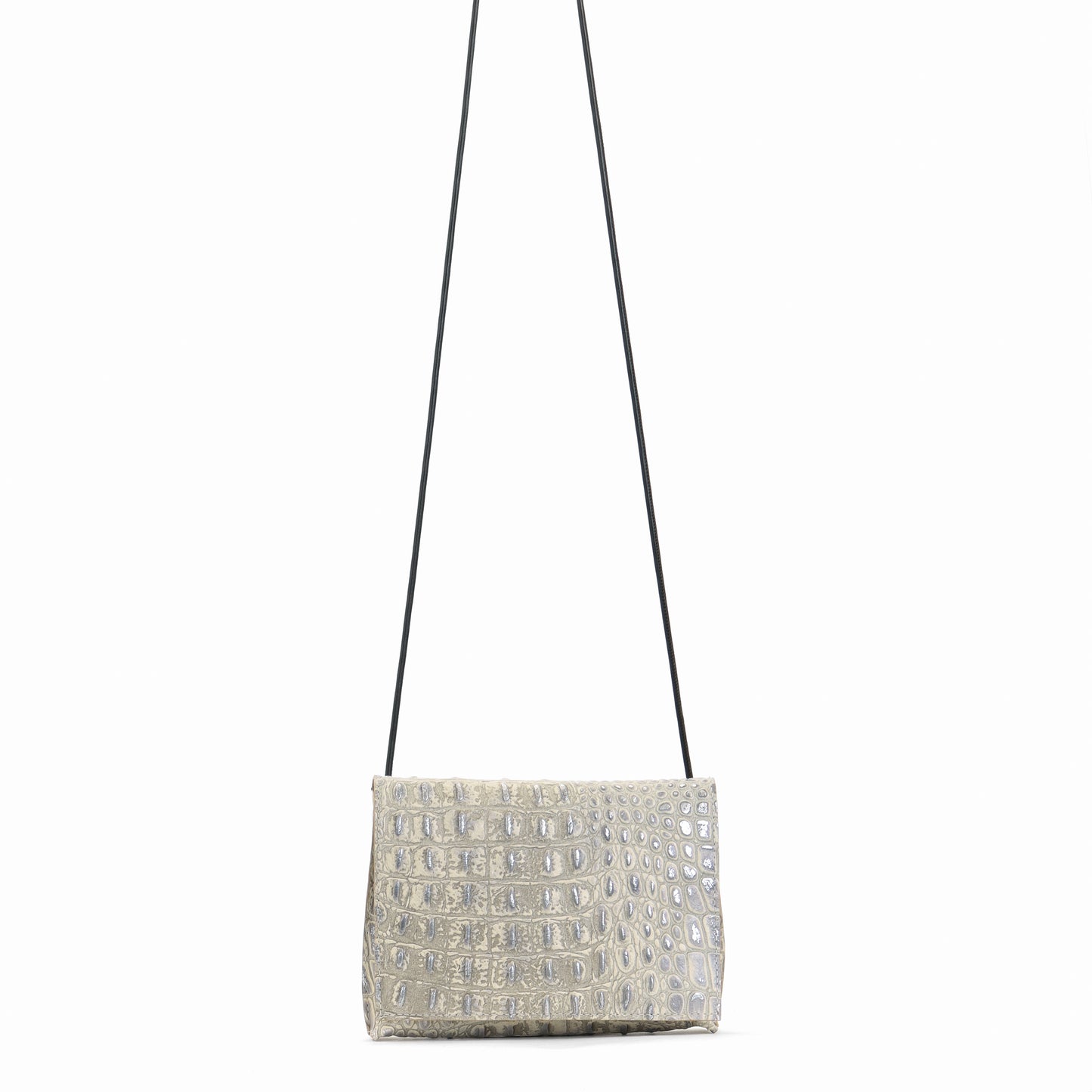 STRAPPY FOLDOVER PLATINUM STONE EMBOSSED CROC