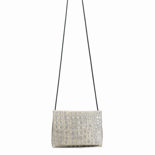 STRAPPY FOLDOVER PLATINUM STONE EMBOSSED CROC