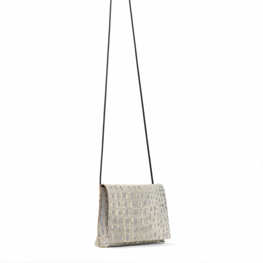 STRAPPY FOLDOVER PLATINUM STONE EMBOSSED CROC