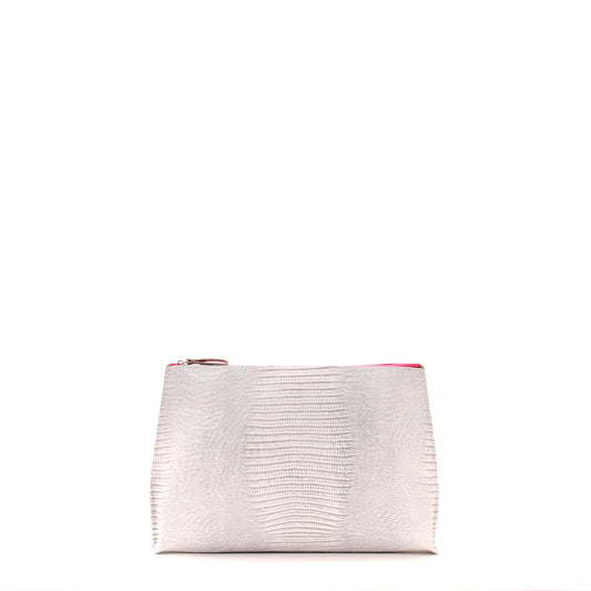 TRAVEL POUCH ANTIQUE WHITE EMBOSSED LIZARD