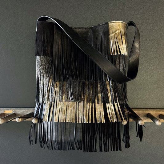 SMALL HOBO BLACK AND METALLIC W/ FRINGE