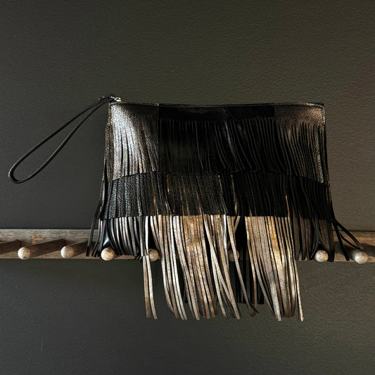 TRAVEL POUCH BLACK AND METALLIC W/ WRISTLET AND FRINGE