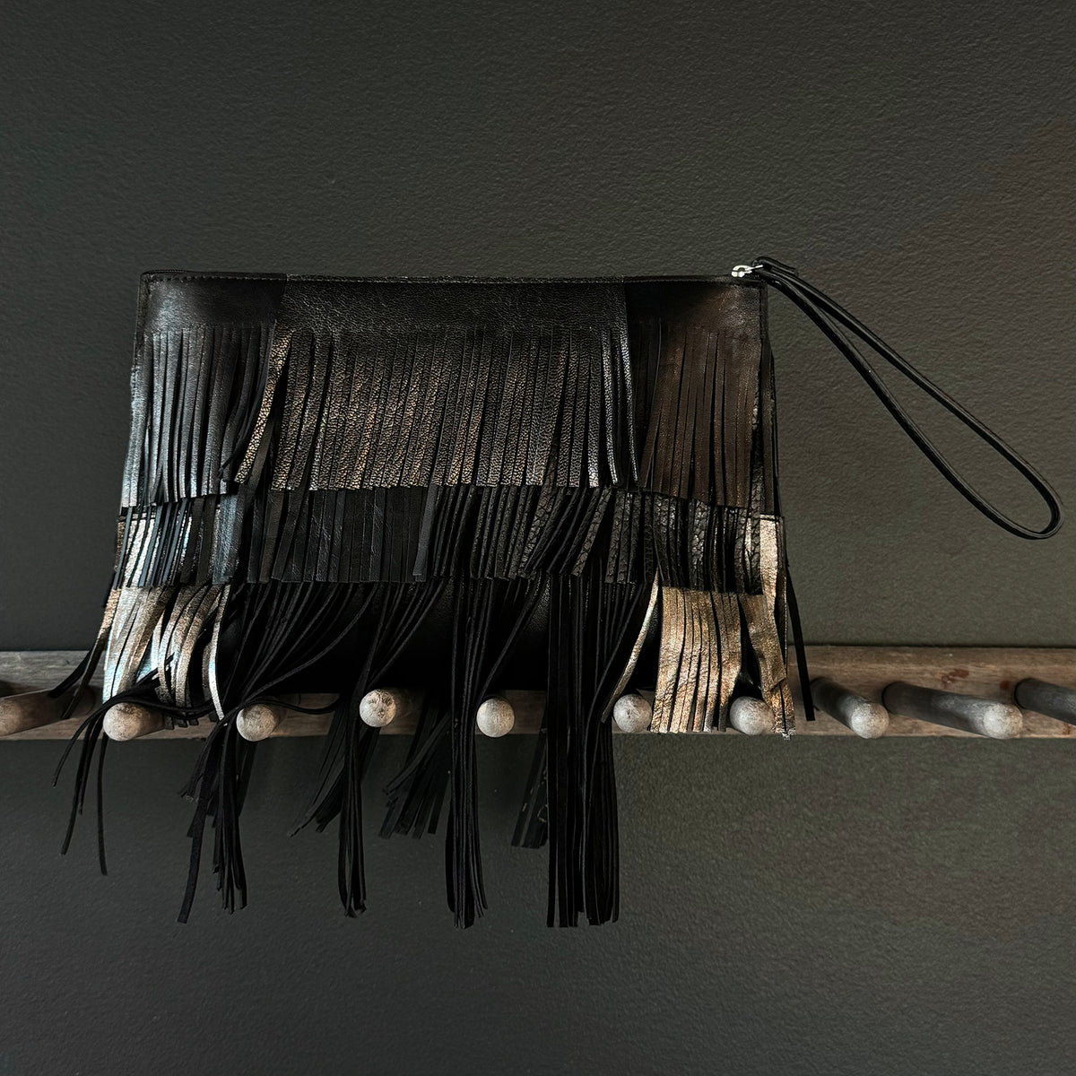 TRAVEL POUCH BLACK AND METALLIC W/ WRISTLET AND FRINGE