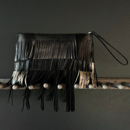 TRAVEL POUCH BLACK AND METALLIC W/ WRISTLET AND FRINGE