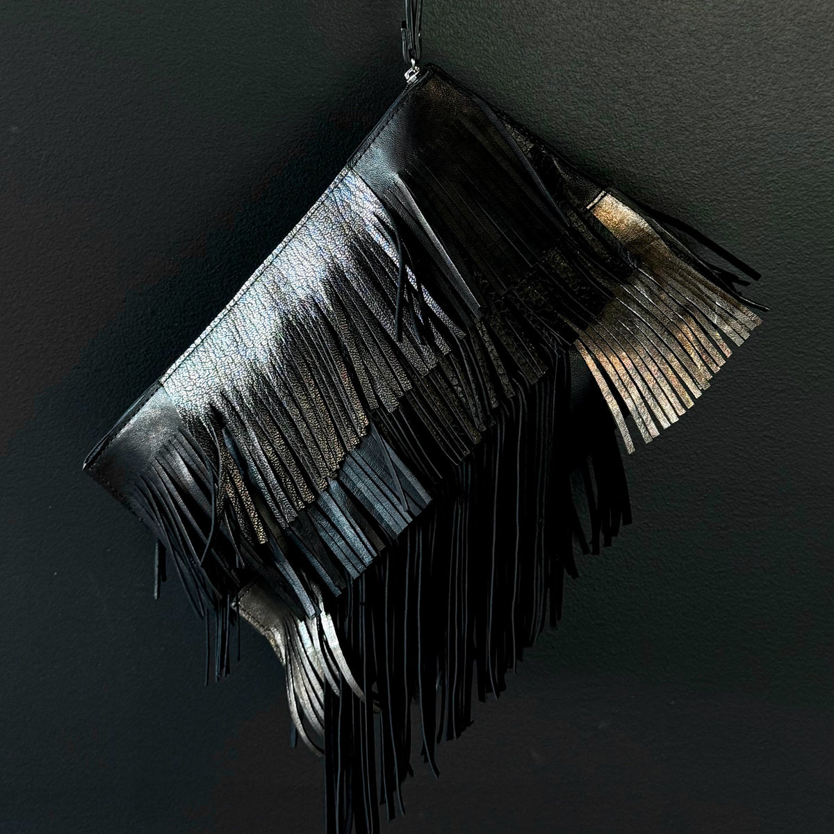 TRAVEL POUCH BLACK AND METALLIC W/ WRISTLET AND FRINGE