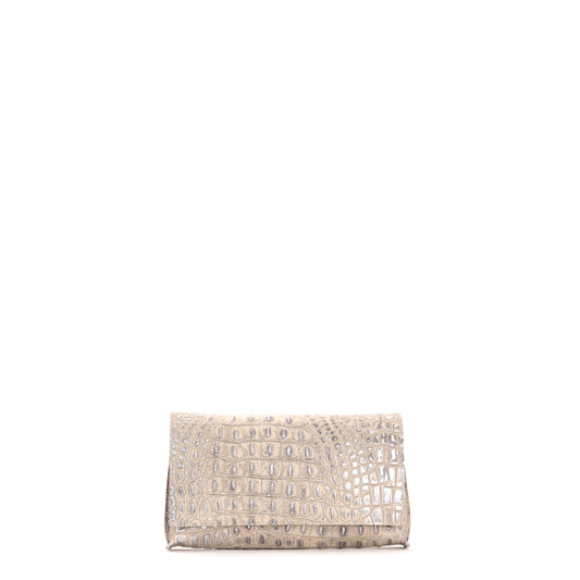 FOLDOVER CLUTCH PLATINUM STONE EMBOSSED CROC