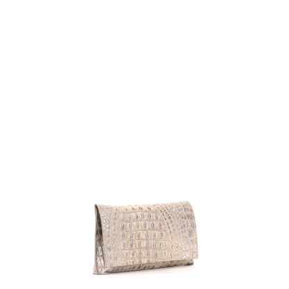 FOLDOVER CLUTCH PLATINUM STONE EMBOSSED CROC