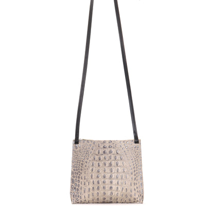 LARGE STRAPPY POUCH PLATINUM STONE EMBOSSED CROC