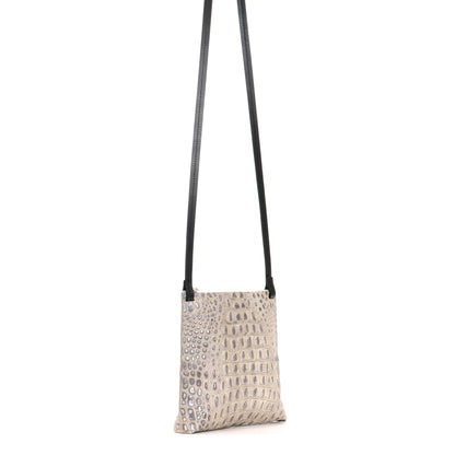 LARGE STRAPPY POUCH PLATINUM STONE EMBOSSED CROC
